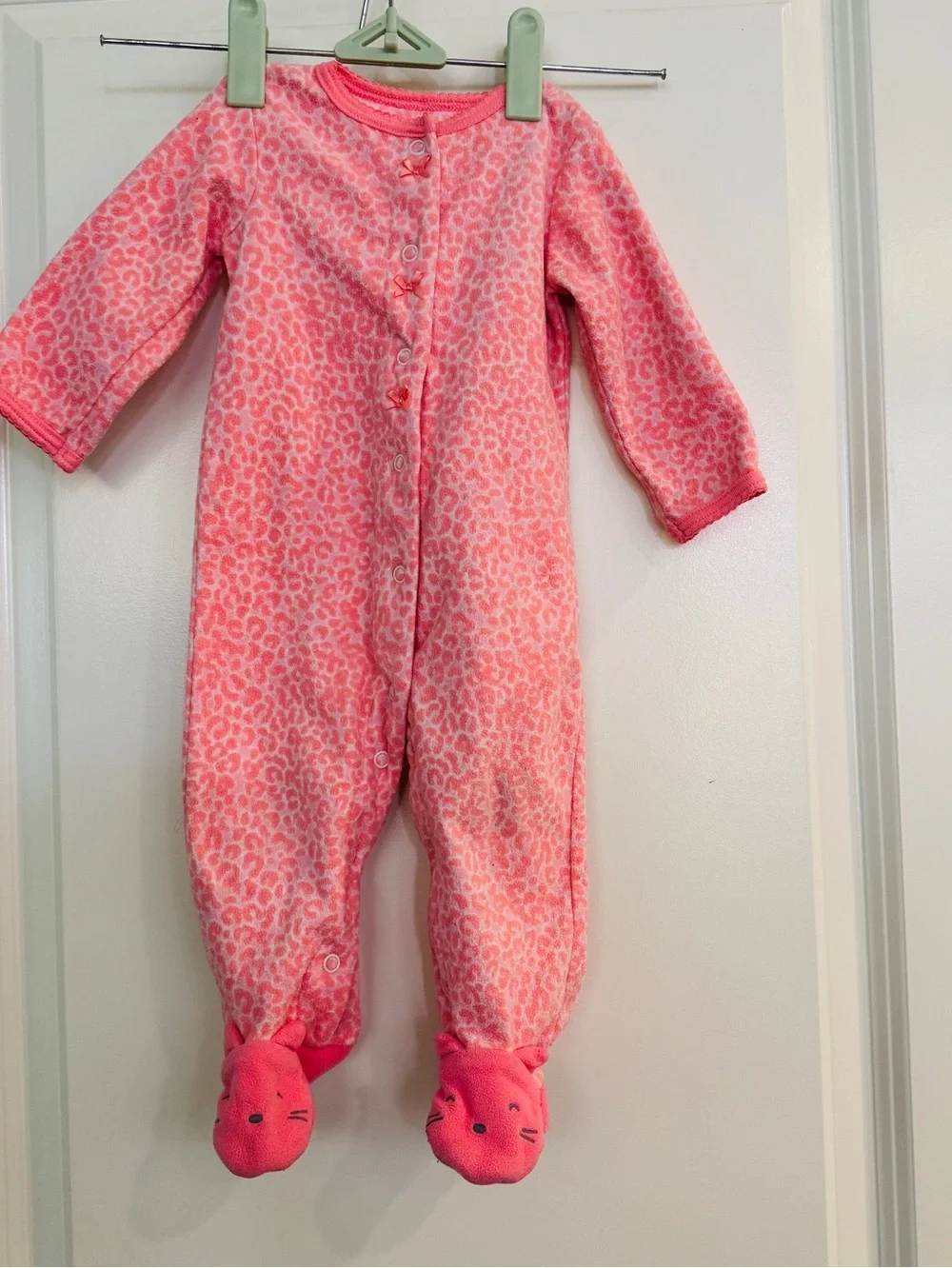 Carter's Pink Leopard Print Cat Face Footed Baby Long Fleece Sleeper 6 Mo